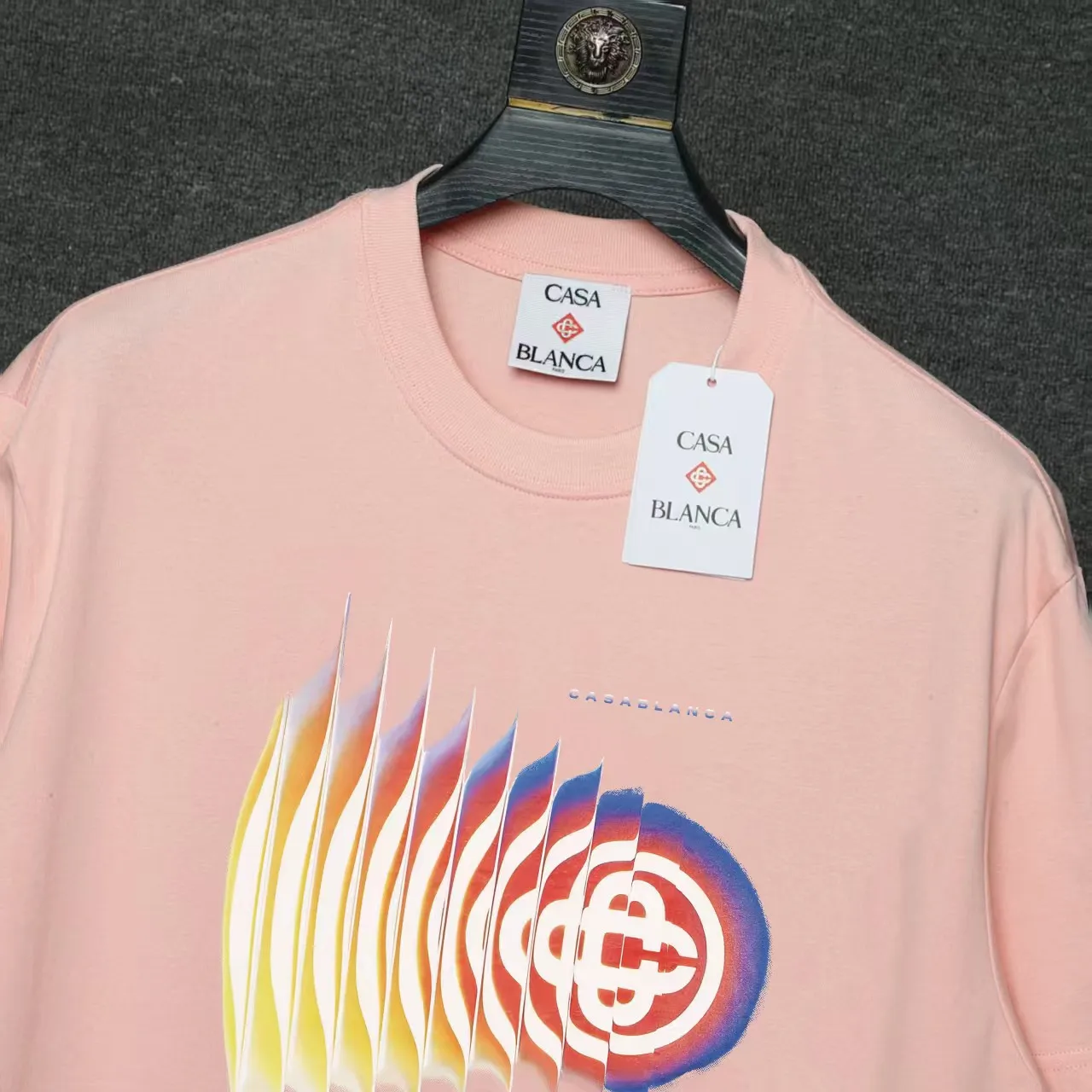 26ss CASABLANCA original printing process short-sleeved T-shirt original development using high-density double yarn pure cotton fabric upper body soft and comfortable color Black White Dark Green color Orange Pink Blue Royal Blue color cigarette powder 8 colors Sizes S M L XL